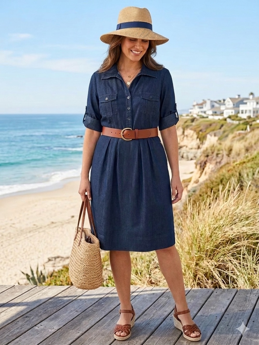 Y2K Chambray Utility Pleated Shirt Dress Navy Blue Lennie by Nina Leonard VTG